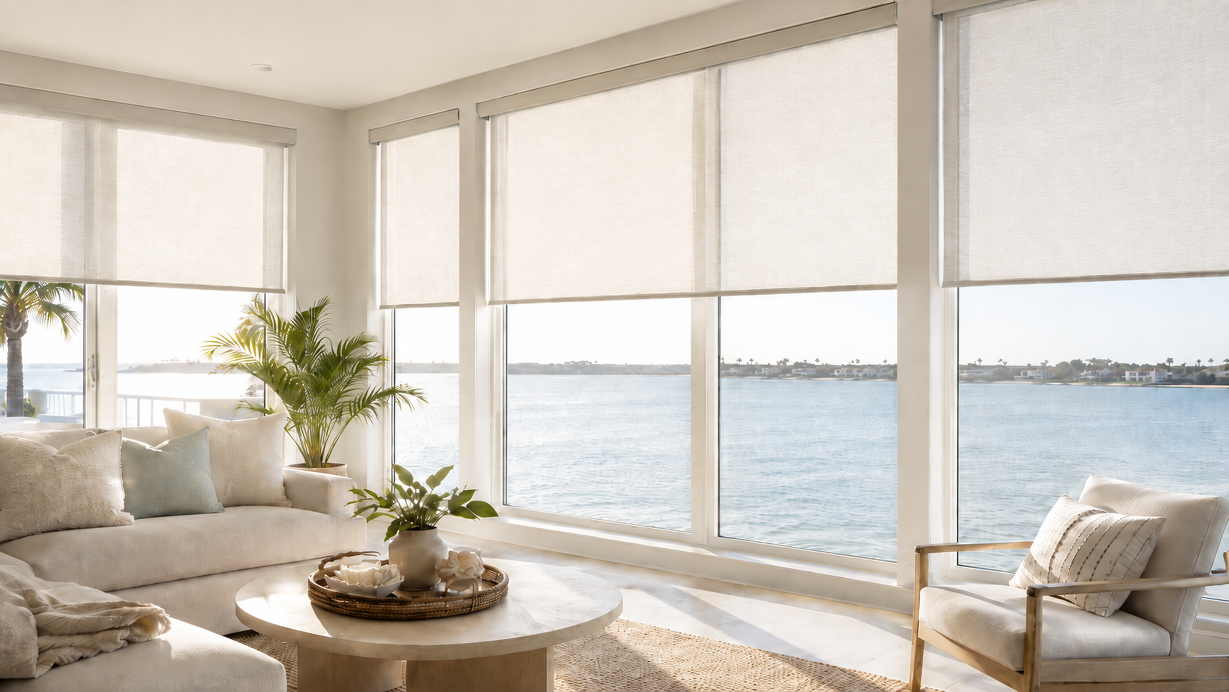 Custom white roller shades in a coastal Florida living room with ocean view