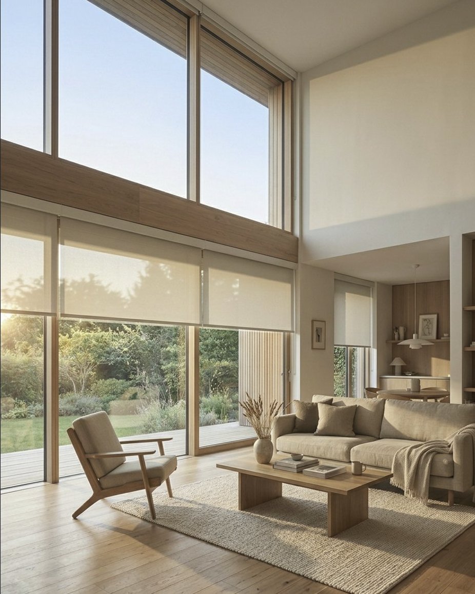 Modern living room with motorized roller shades by Coastal Shade Design